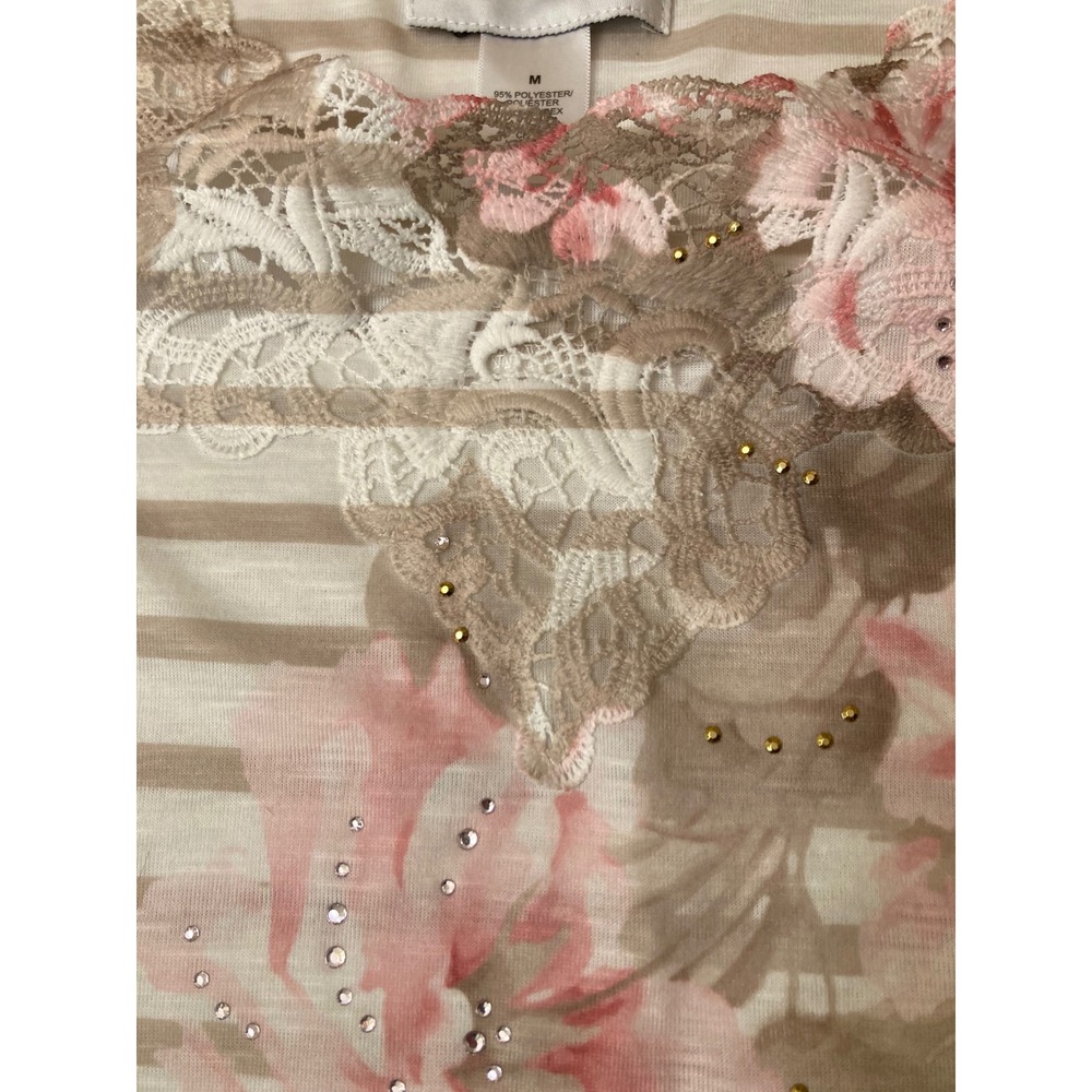 Alfred Dunner Women's M Beige Stripe Floral Print Rhinestone Lace Top - Picture 6 of 10